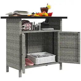Outsunny - Wicker Outdoor Storage Cabinet, Rattan Outdoor Bar Table with 2 Doors and Shelf, Outdoor Buffet Cabinet Sideboard - Gray