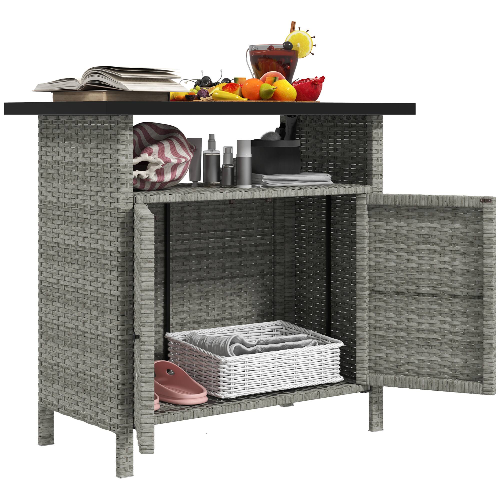 Front. Outsunny - Wicker Outdoor Storage Cabinet, Rattan Outdoor Bar Table with 2 Doors and Shelf, Outdoor Buffet Cabinet Sideboard - Gray.