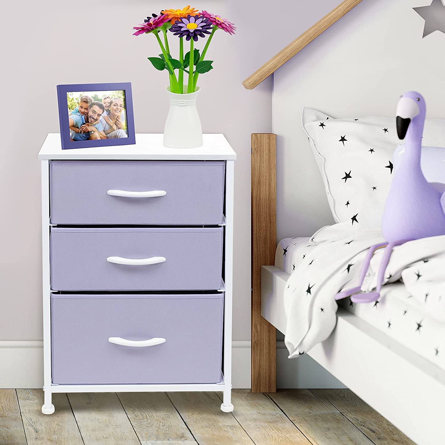 Angle. Sorbus - Sorbus Nightstand with 3 Drawers - Steel Frame, Wood Top &Fabric Bins -Home, Bedroom, Office & College Dorm - Purple.