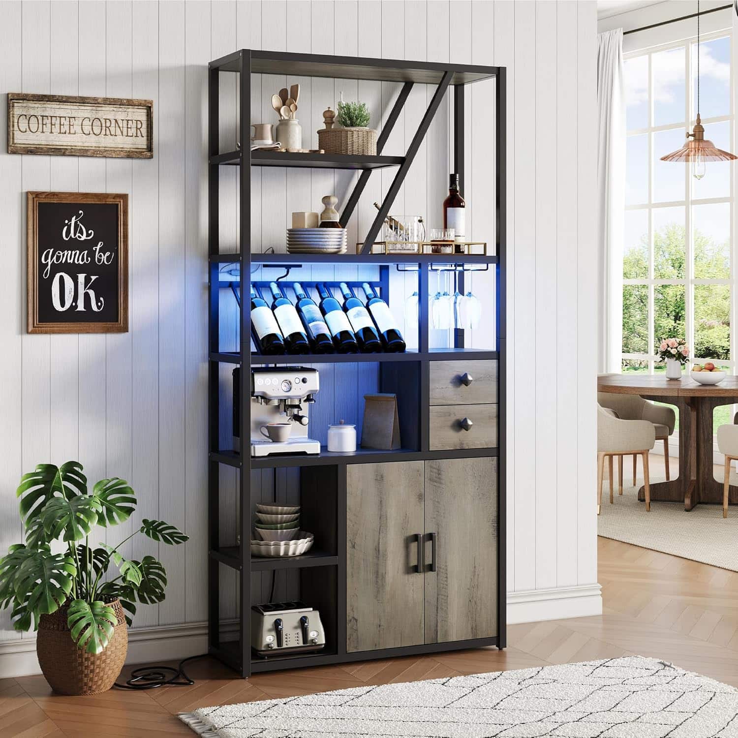 Jojoka - Bar Cabinet with Power Outlets, 71.2" Tall Wine Liquor Cabinets with LED Lights - Gray