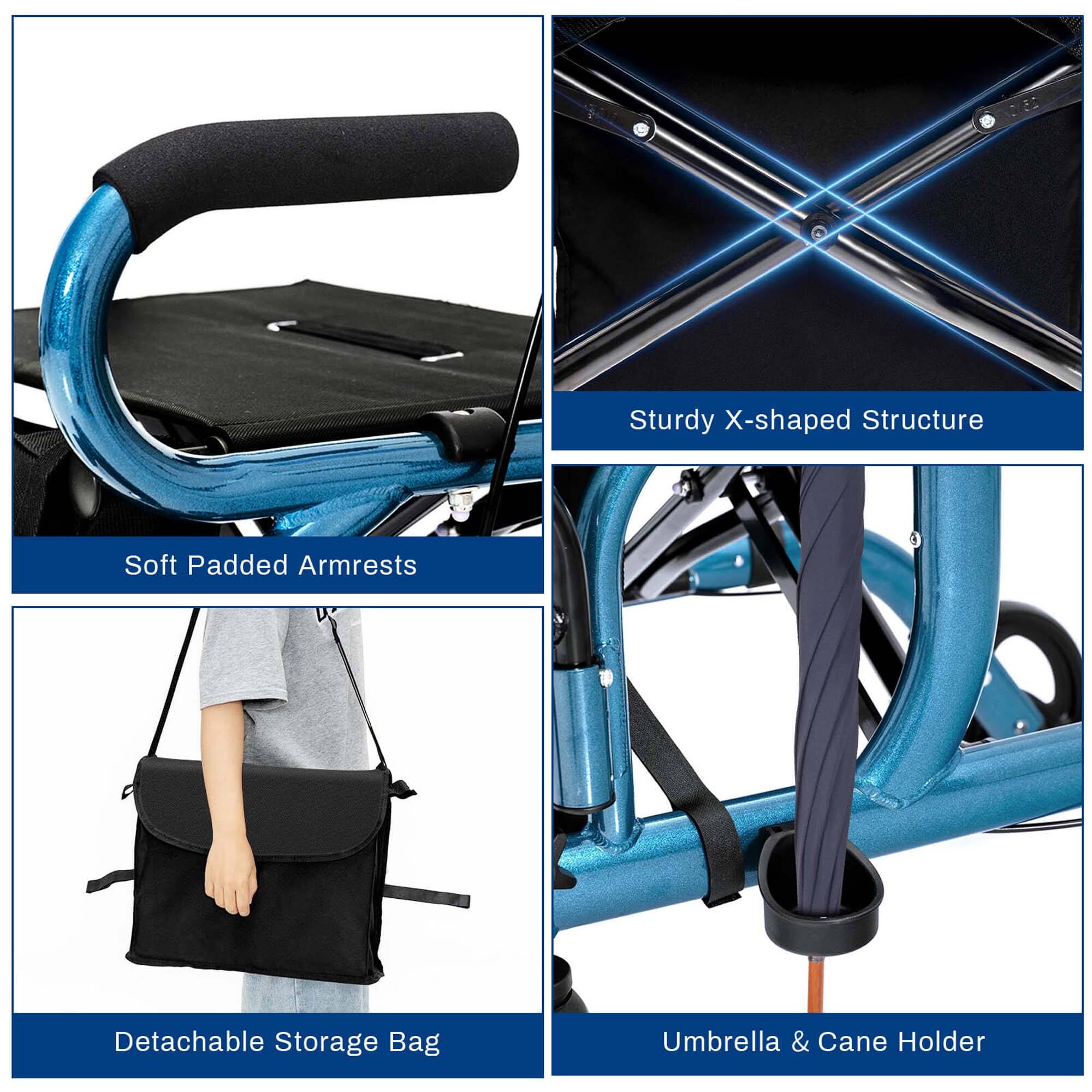 Sturdy X-shaped Structure, Soft Padded Armrests, Detachable Storage Bag, Umbrella & Cane Holder