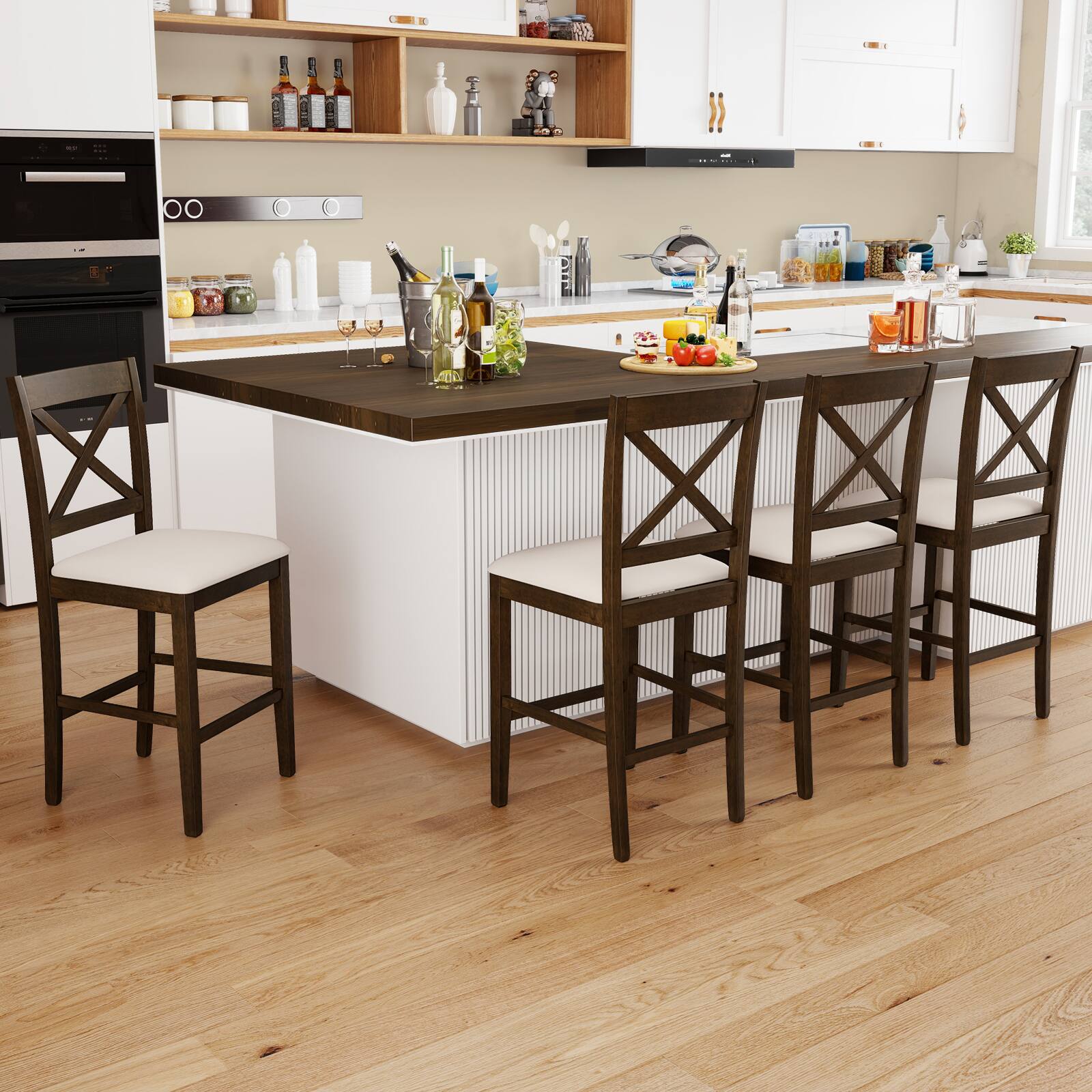 Alt View 4. Costway - Costway Rubber Wood X-Back Bar Stools Set of 2 with Upholstered Cushioned Seats & Footrests - Dark Brown, Cream.