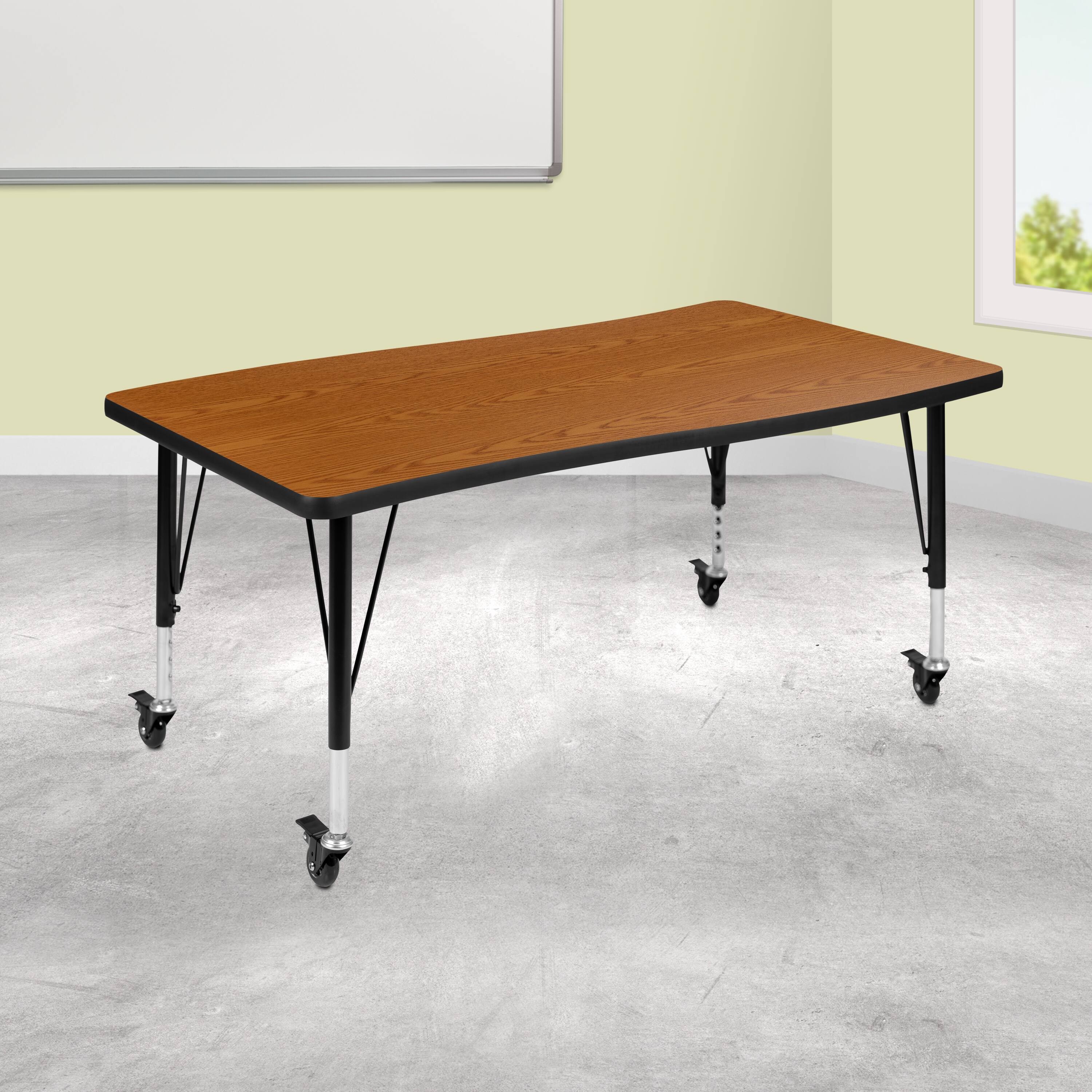 Angle. Flash Furniture - Wren Mobile 28"W x 47.5"L Rectangle Wave Flexible Collaborative Oak Laminate Activity Table - Height Adjust Short Legs - Brown.