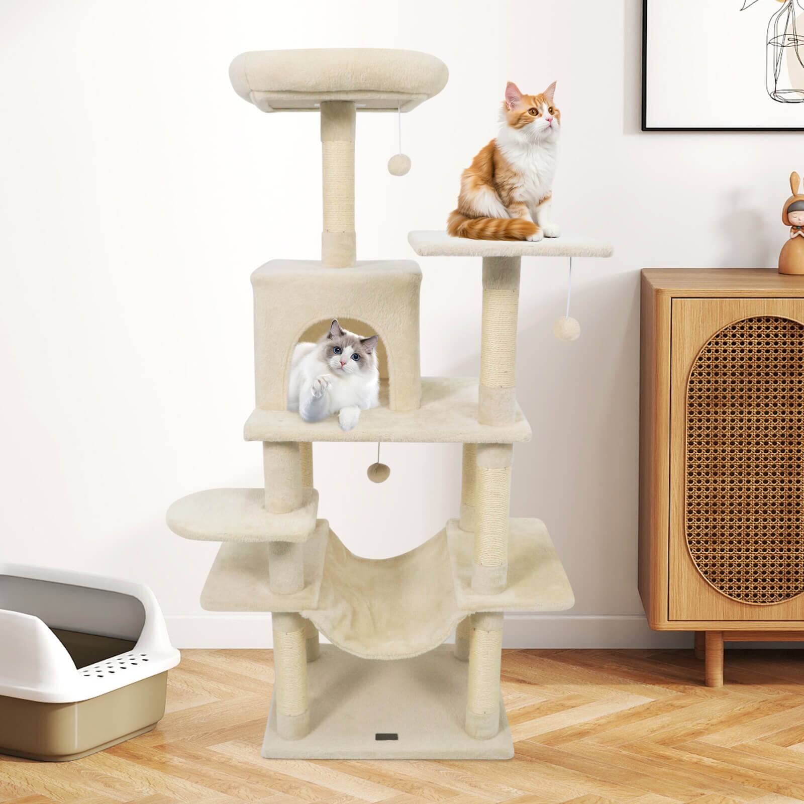 Alt View 4. Costway - Costway 58" Tall Multi-level Cat Tree with Upholstered Perch & Cat Condo, Comfy Hammock.