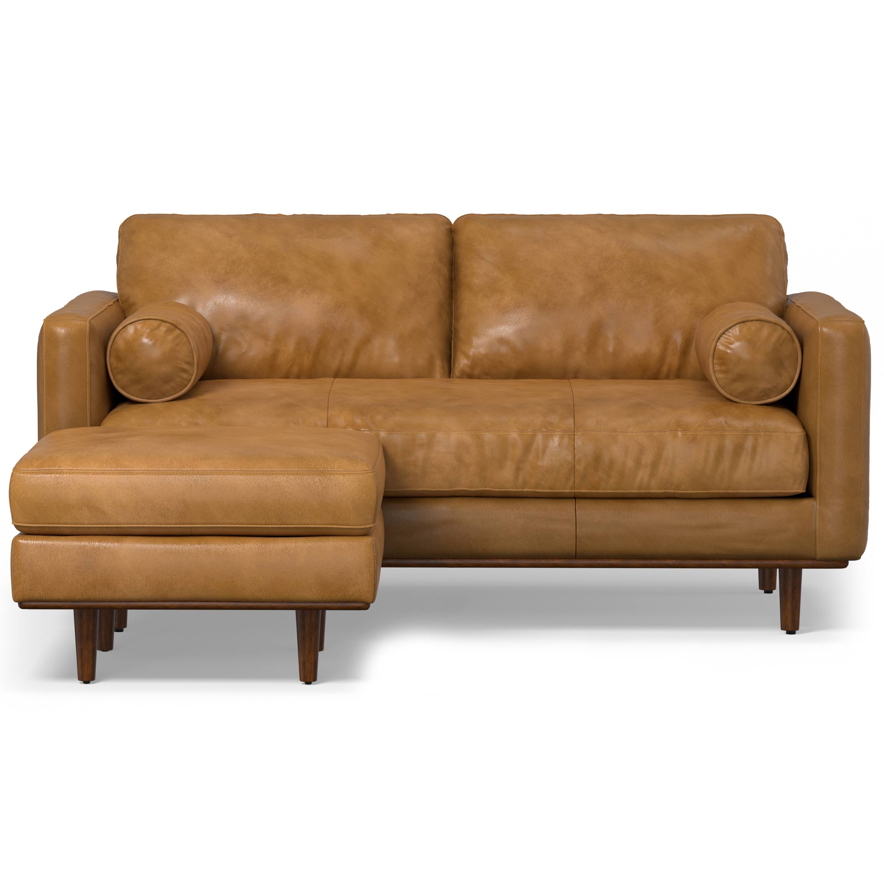 Alt View 4. Simpli Home - Morrison Mid-Century Modern 72 inch Wide Sofa with Ottoman Set in Sienna Genuine Leather - Sienna.