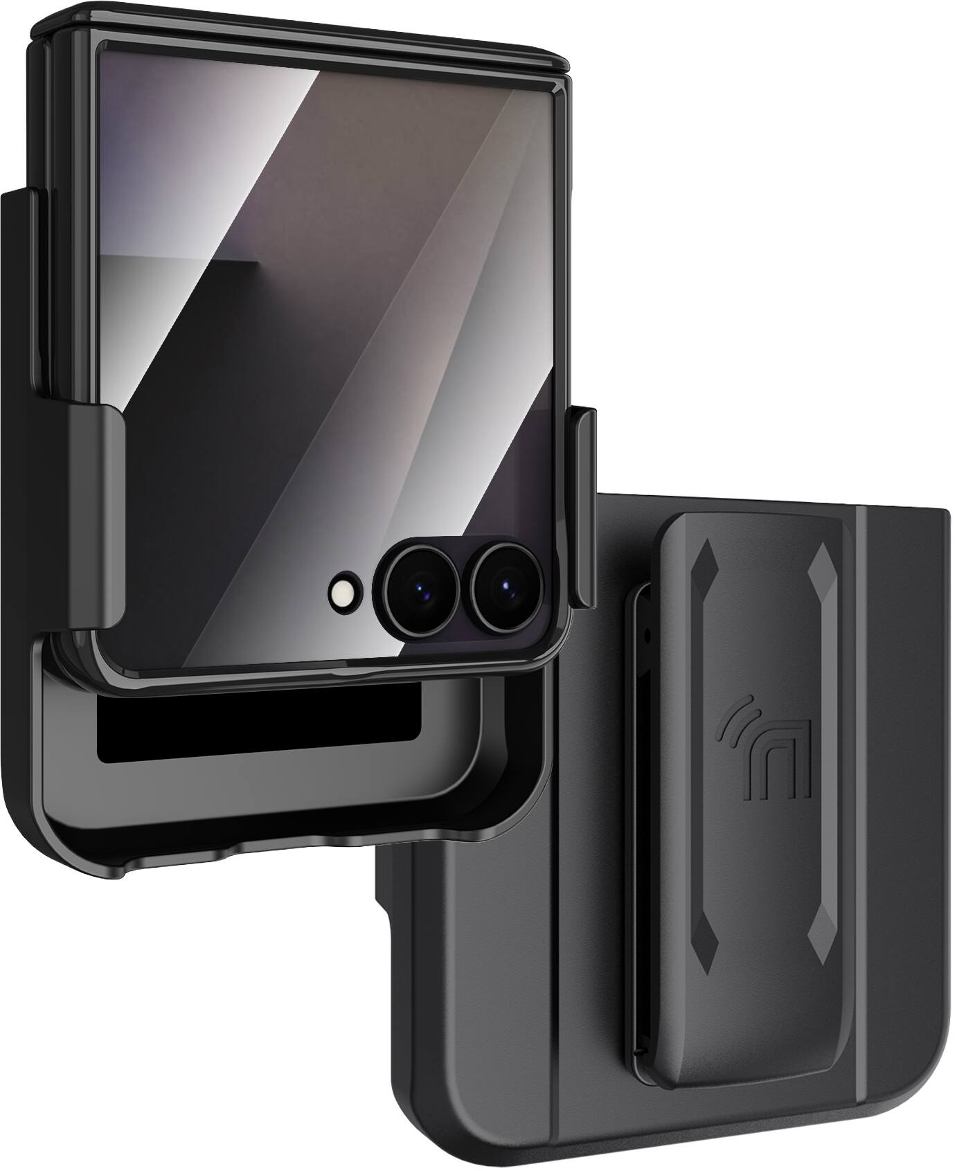 Alt View 2. Nakedcellphone - Combo for Samsung Galaxy Z Flip 7 Phone - Case with Built-In Screen/Hinge Protector and Belt Clip Holster Holder - Black.