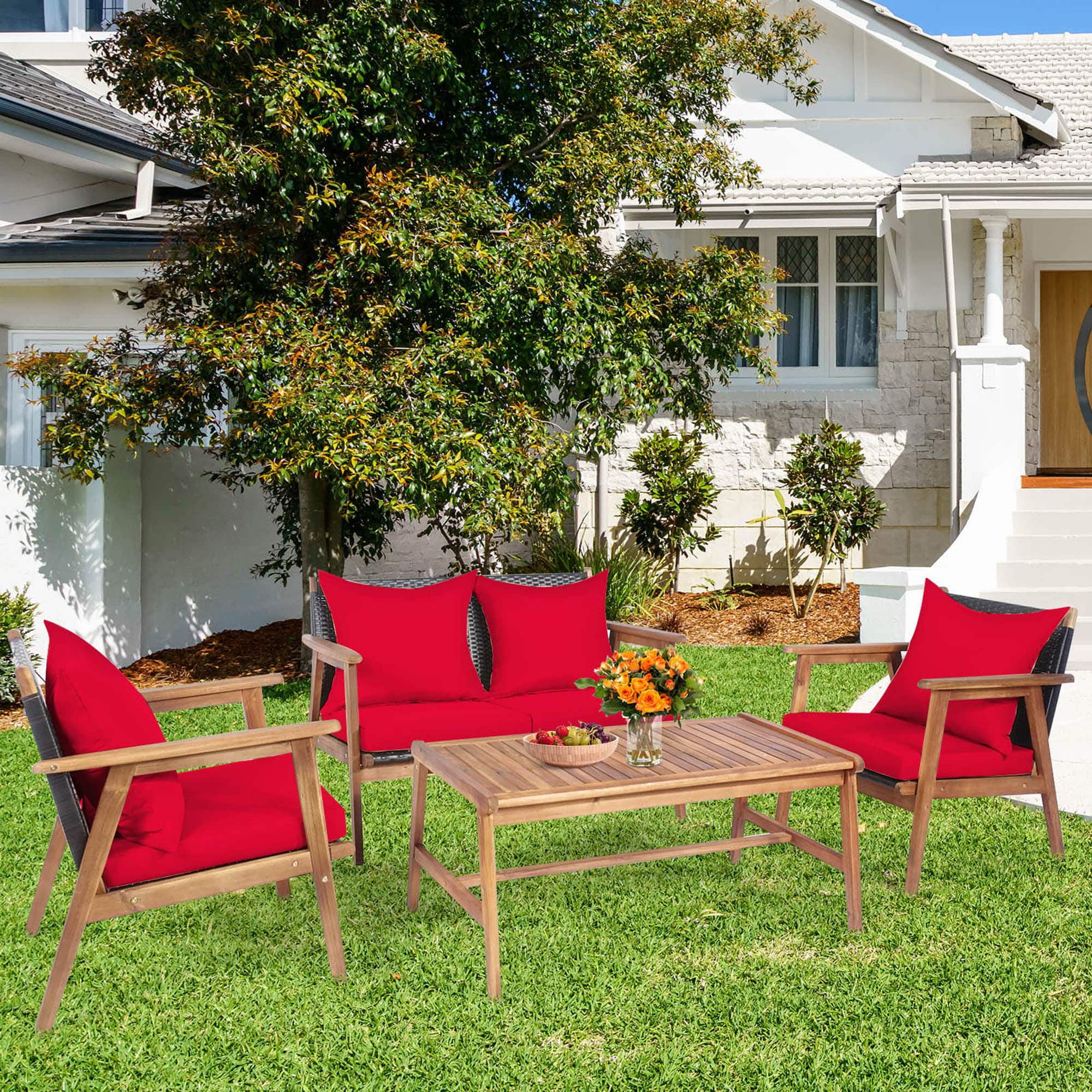 Gymax - 4PCS Patio Conversation Set Wood Frame Furniture Set w/ Cushions - Red price history on PriceWatchPro