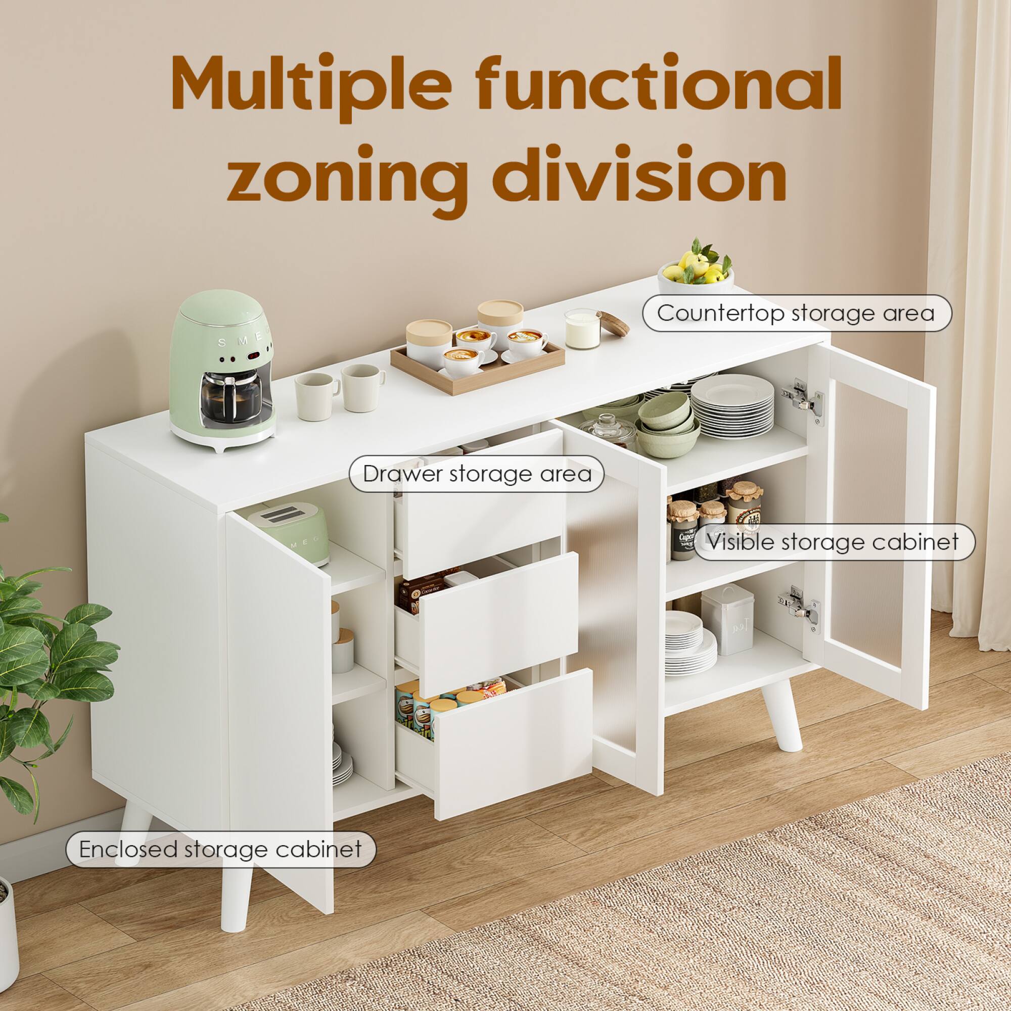 Multiple functional zoning division

- Countertop storage area
- Drawer storage area
- Visible storage cabinet
- Enclosed storage cabinet