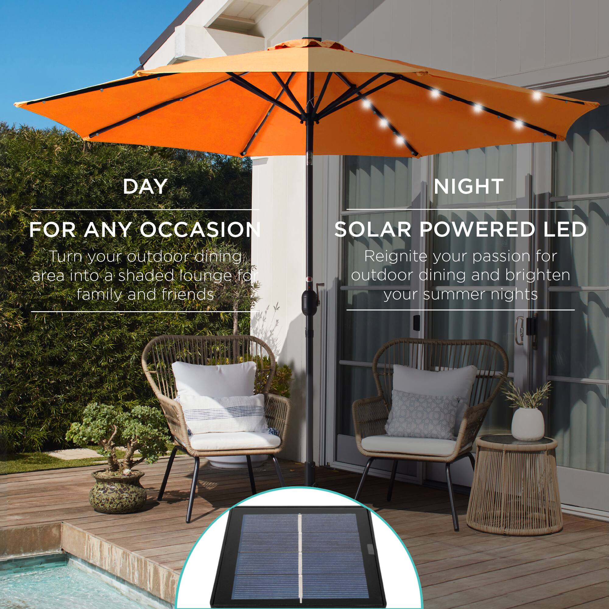 DAY NIGHT FOR ANY OCCASION

Turn your outdoor dining area into a shaded lounge for family and friends.

SOLAR POWERED LED

Reignite your passion for outdoor dining and brighten your summer nights.