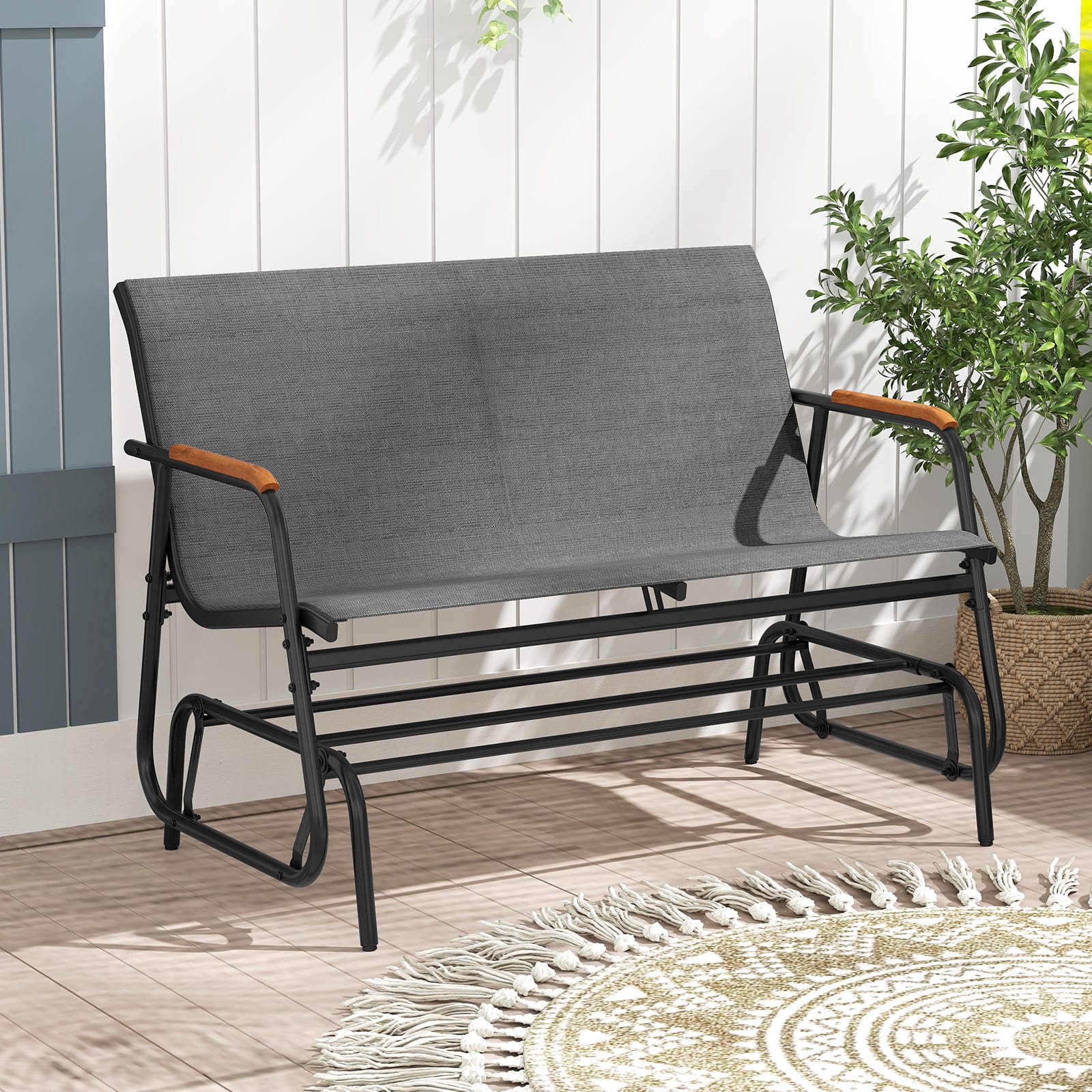 Costway - 2-Person Outdoor Glider Bench with Breathable Fabric Seat Curved Teak Wood Armrests - Gray