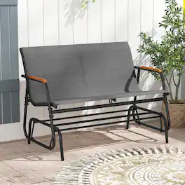 Costway - 2-Person Outdoor Glider Bench with Breathable Fabric Seat Curved Teak Wood Armrests - Gray