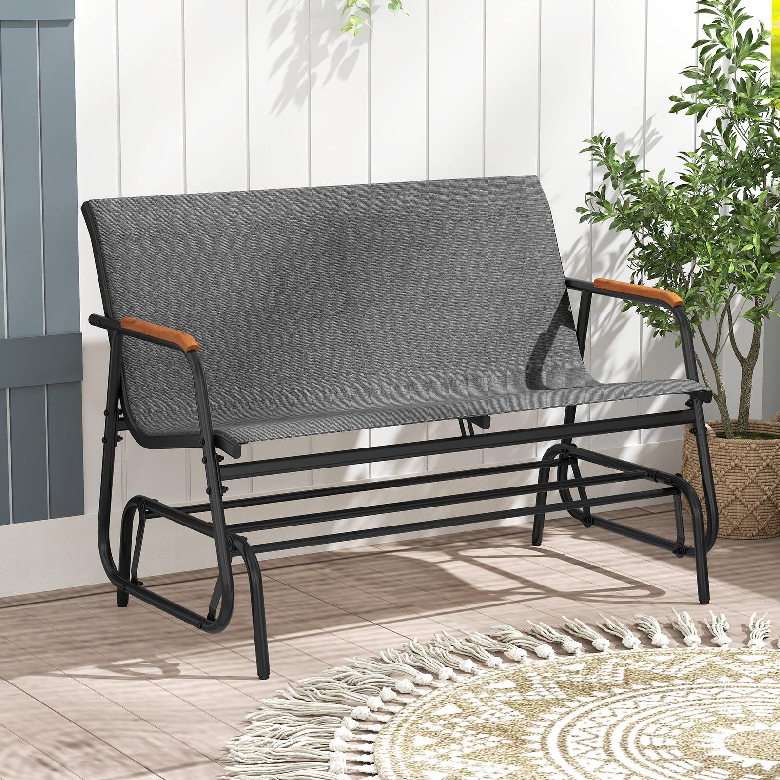 Front. Costway - Costway 2-Person Outdoor Glider Bench with Breathable Fabric Seat Curved Teak Wood Armrests - Gray.
