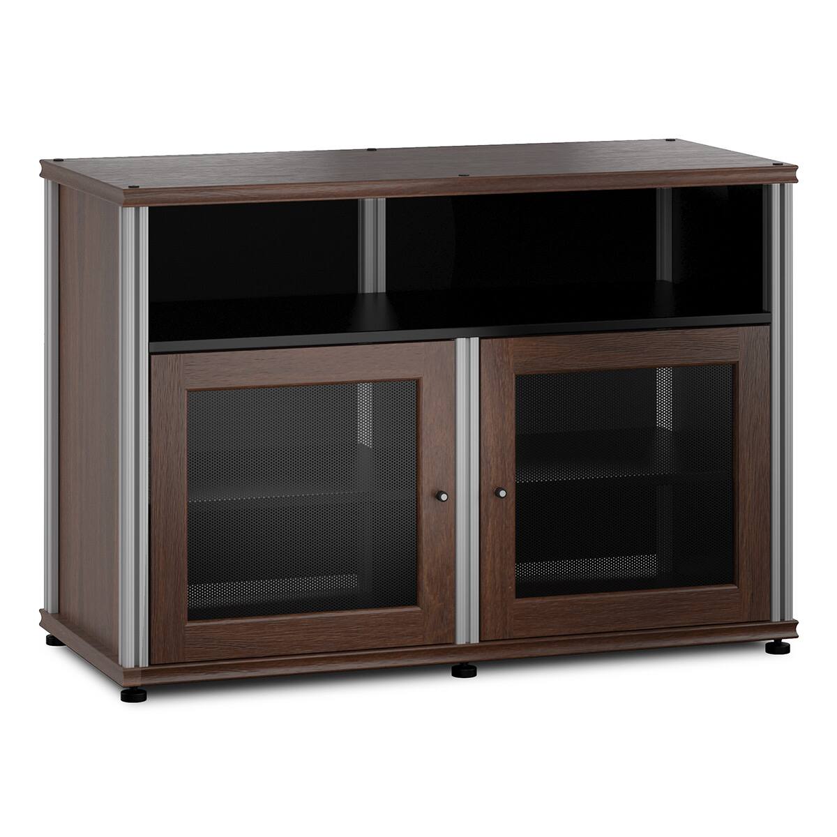 Front. Salamander Designs - Salamander Designs Synergy 329 Twin AV Cabinet (Dark Walnut with Black Glass & Aluminum Posts) - Dark Walnut/Aluminum.