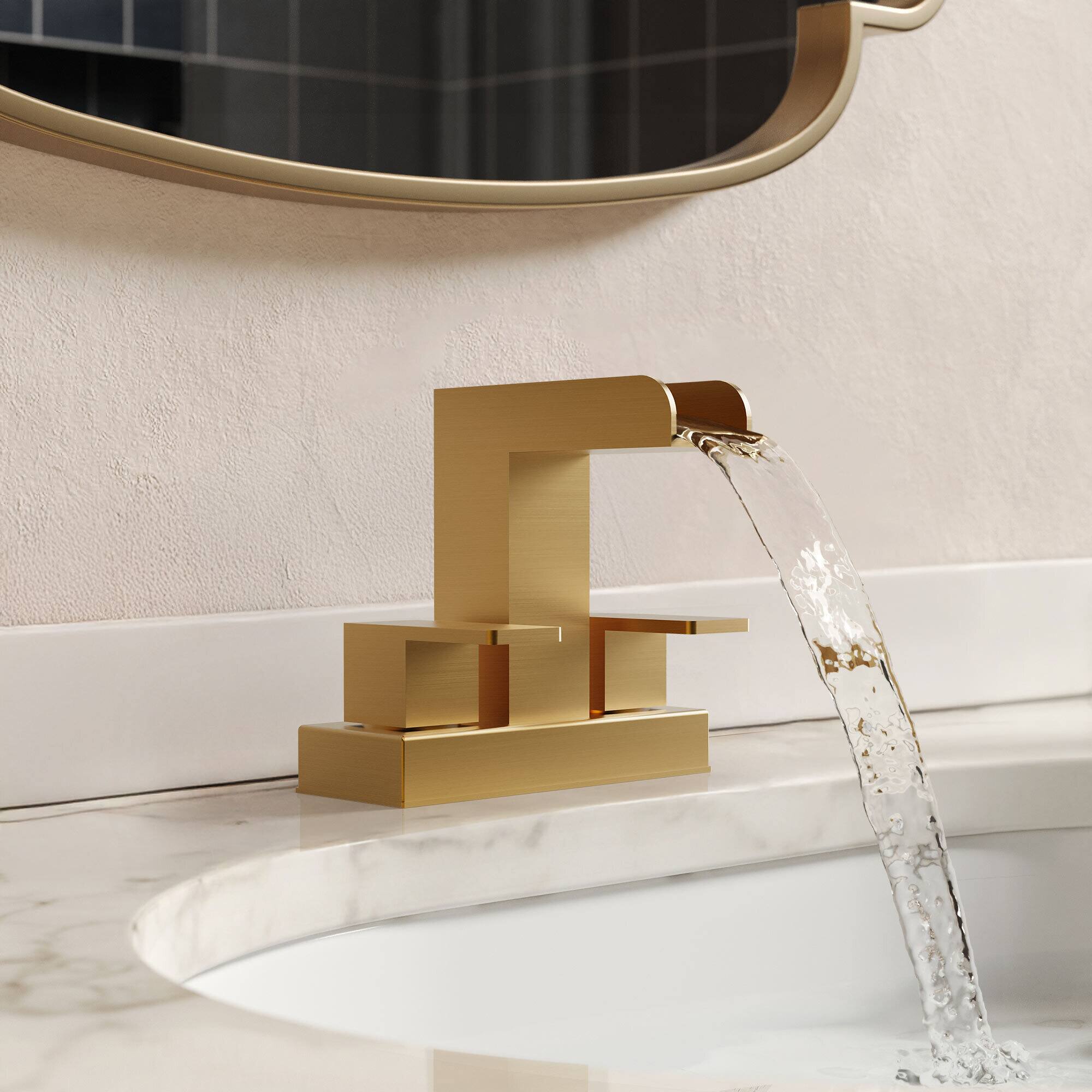 Angle. GRANDJOY - Modern Waterfall Bathroom Faucet Dual Handle Rectangular Open-Channel Spout Solid Copper for Vanity Sink - Brushed Gold.