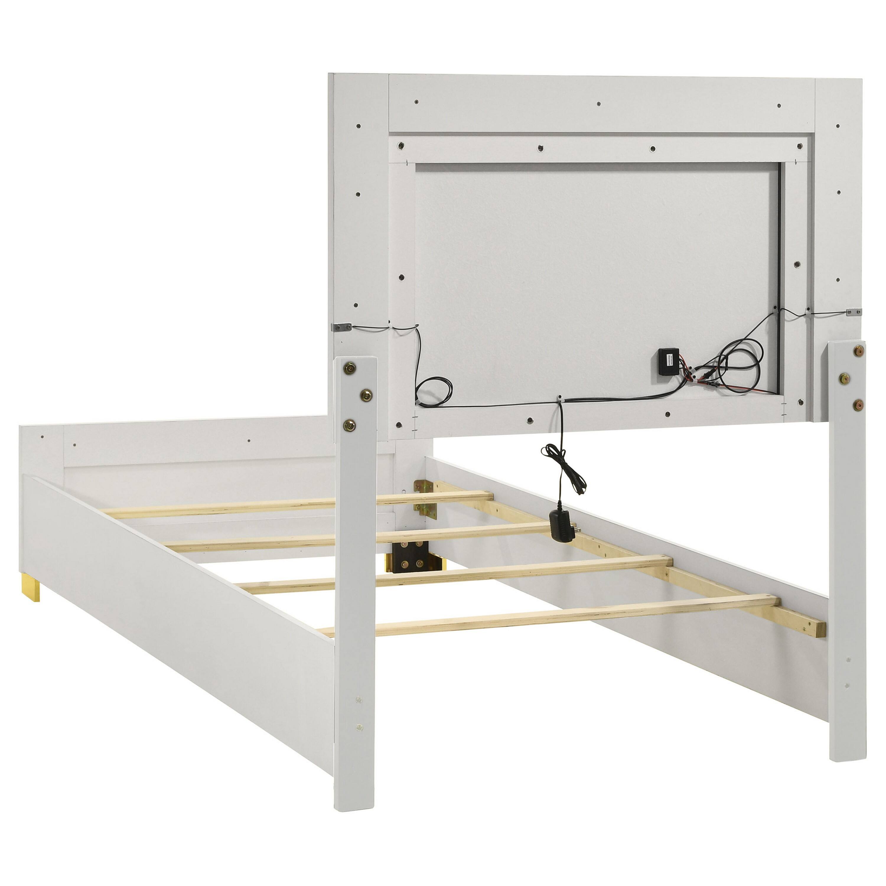 Alt View 2. Manhattan Lane - Dex Twin Size Bed with LED Framed Headboard, White Wood Finish, Gold Legs - White, Gold.