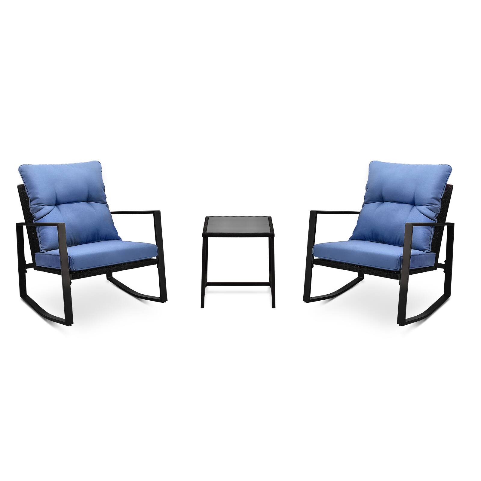 Back. Mondawe - 3 Pieces Patio Bistro Set Outdoor Rocking Chair with Cushion - Blue.