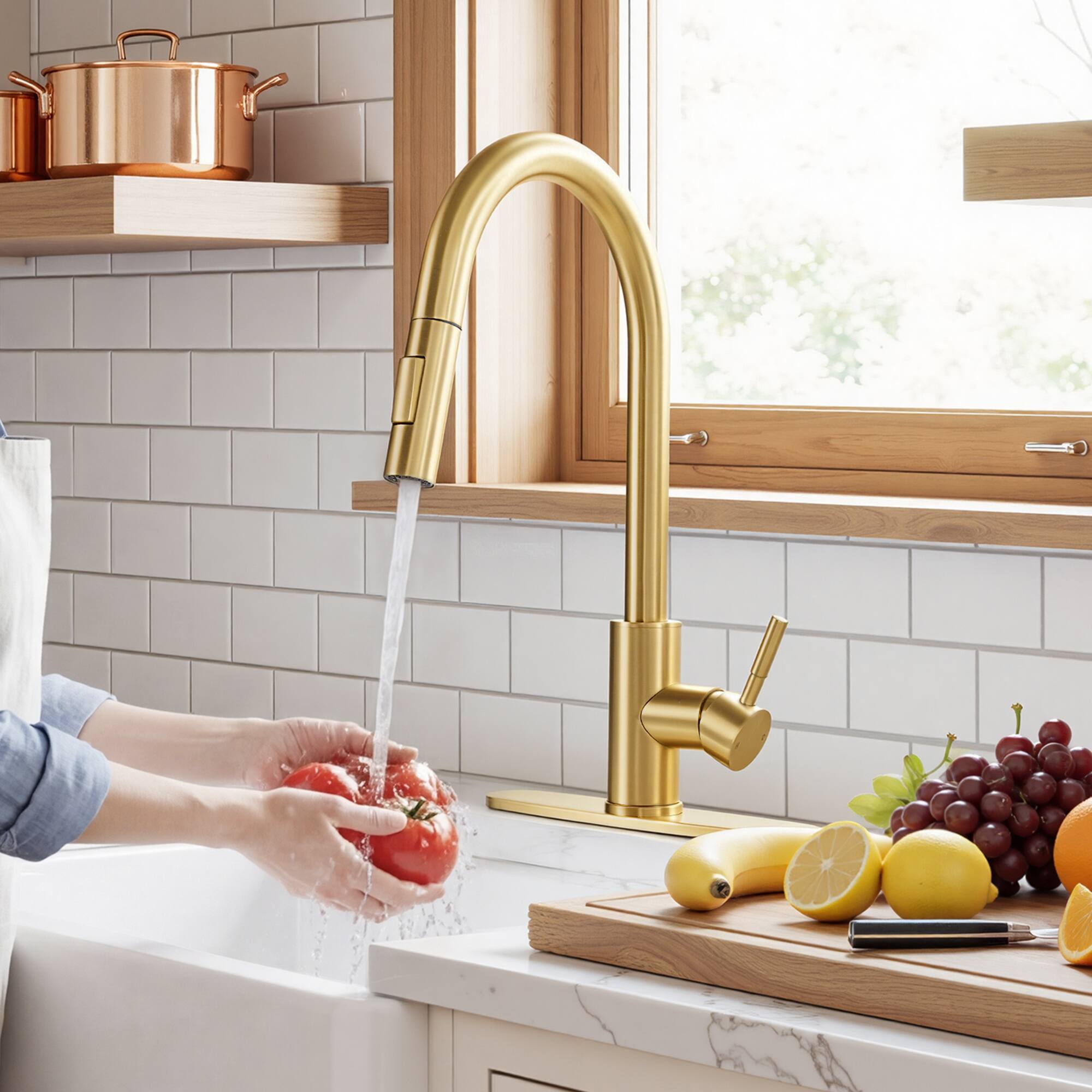 Alt View 7. Akicon - Akicon Single Handle Pull Down Stainless Steel Kitchen Faucet with Dual-Function Sprayer in Brushed Gold - Brushed Gold.