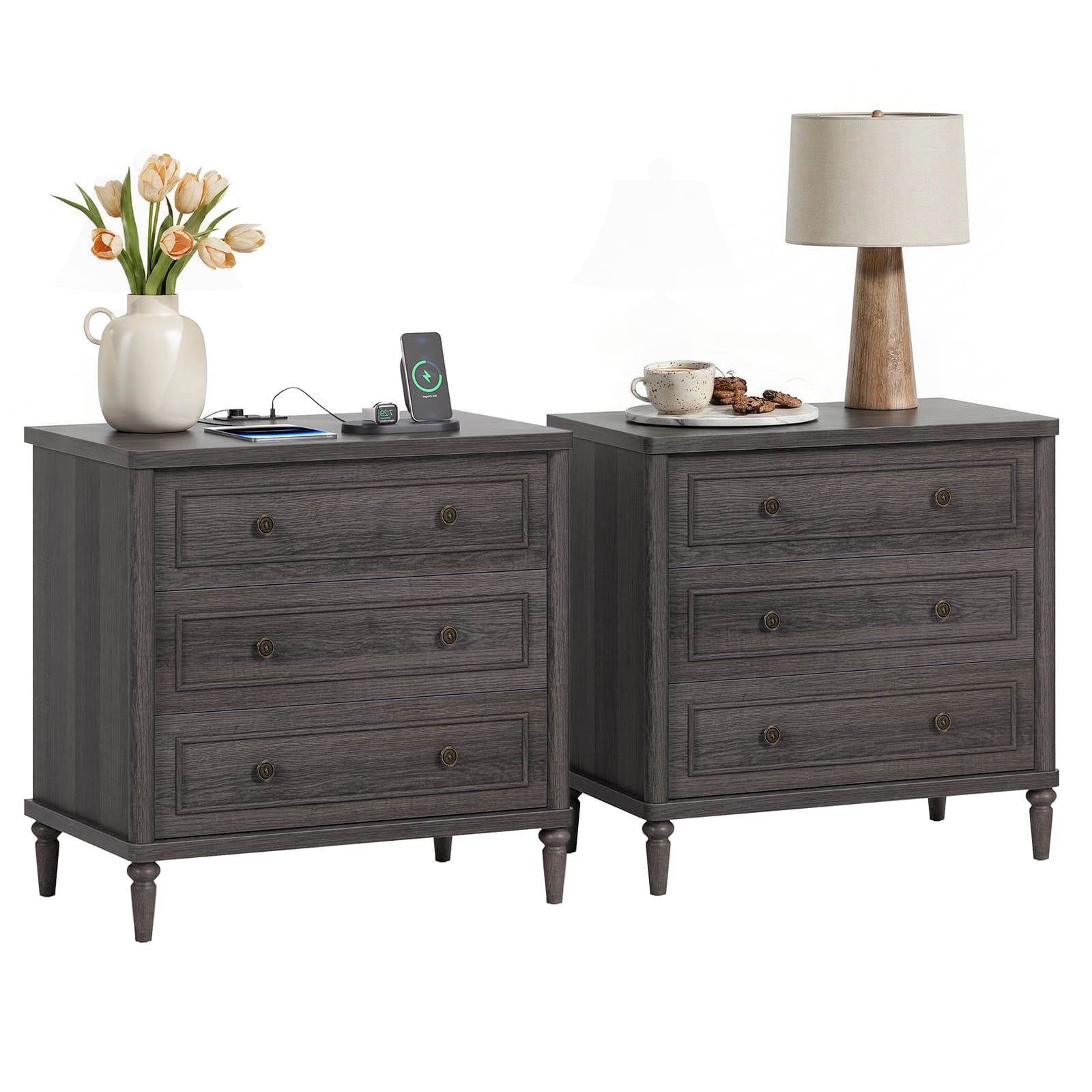 Bestier - 3 Drawer Farmhouse Nightstand Set of 2 , Mid-Century Fluted Bedside Table with Charging Station - Charcoal Stained Ash