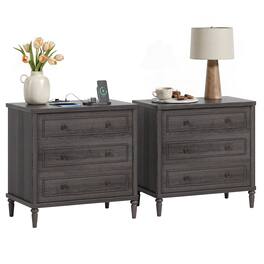Bestier - 3 Drawer Farmhouse Nightstand Set of 2 , Mid-Century Fluted Bedside Table with Charging Station - Charcoal Stained Ash