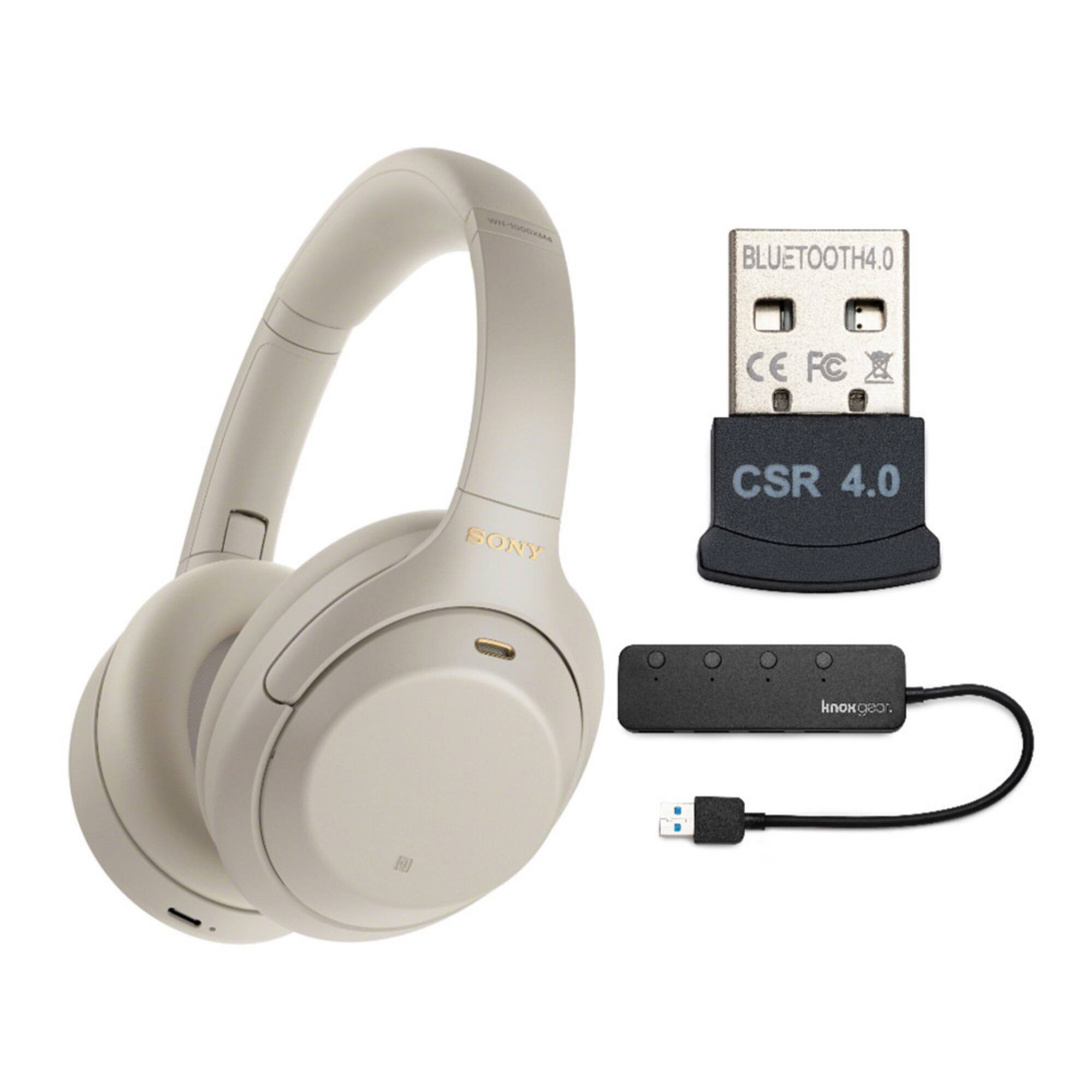 The image features a pair of white Sony headphones, a Bluetooth 4.0 device, and a USB cable. The headphones are designed to work with the Bluetooth device, which is compatible with the CSR 4.0 technology. The USB cable is used to connect the Bluetooth device to a computer or other device for charging or data transfer.