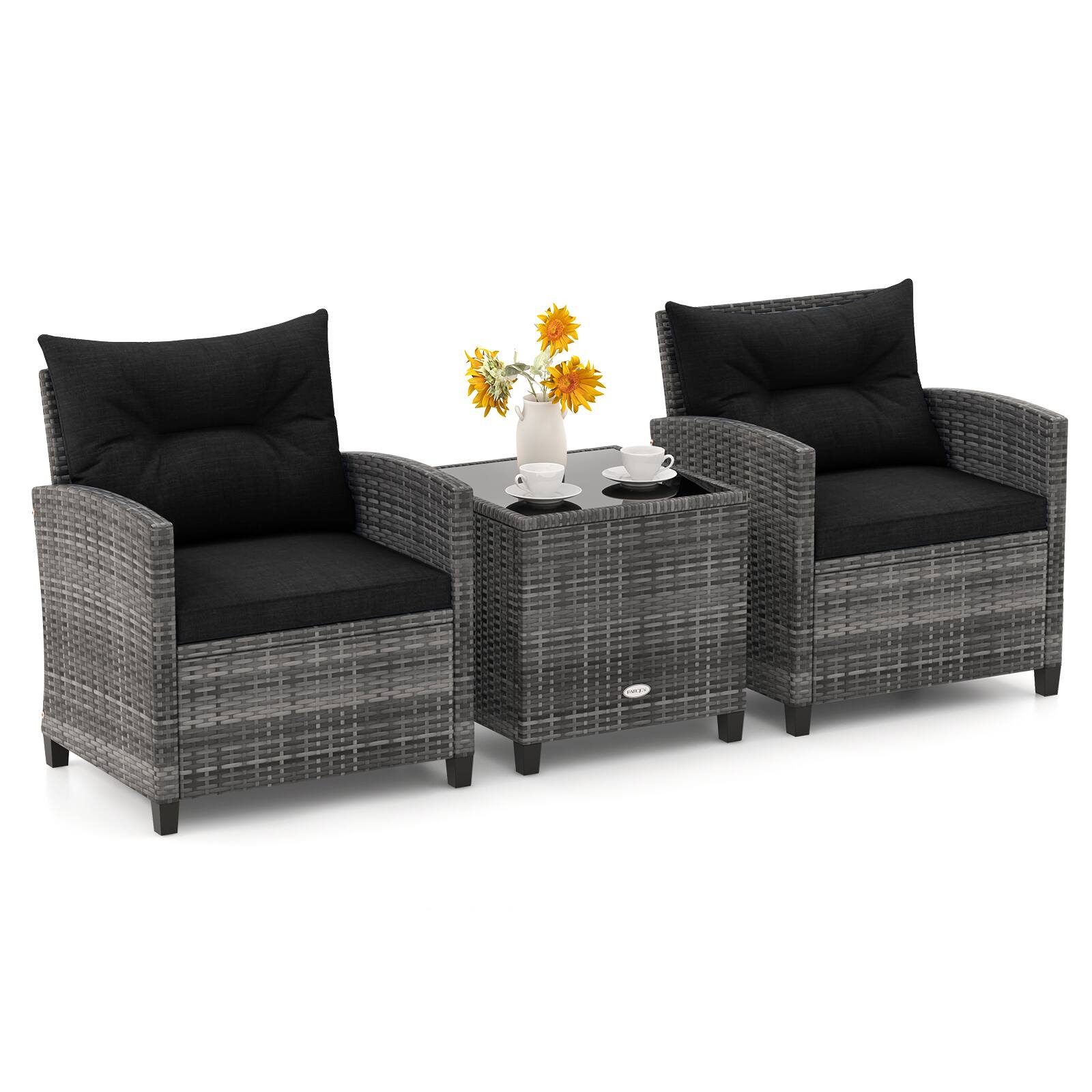 Alt View 5. Gymax - Gymax Set of 3 Rattan Furniture Bistro Set Cushioned Sofas Side Table Armrest Black - Mix Grey, Black.