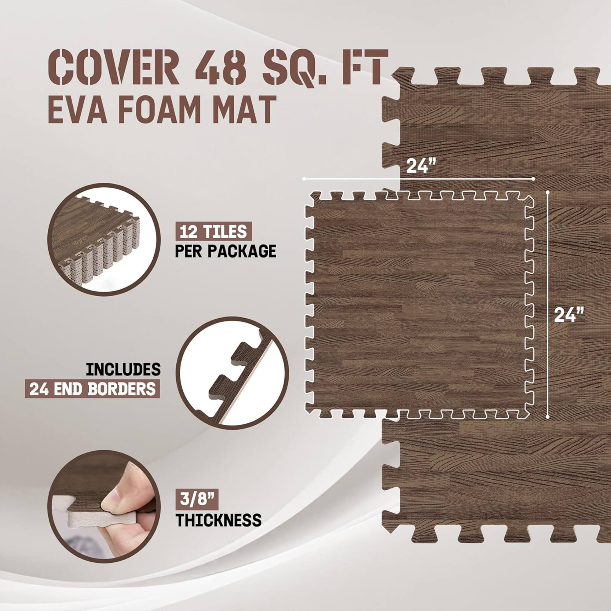 COVER 48 SQ. FT.  
EVA FOAM MAT  
24" x 24"  
12 TILES PER PACKAGE  
INCLUDES 24 END BORDERS  
3/8" THICKNESS
