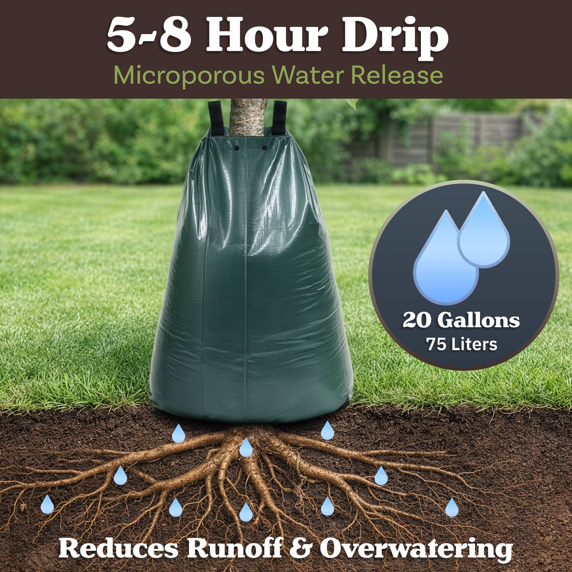 5-8 Hour Drip  
Micro porous Water Release  
20 Gallons 75 Liters  
Reduces Runoff & Overwatering