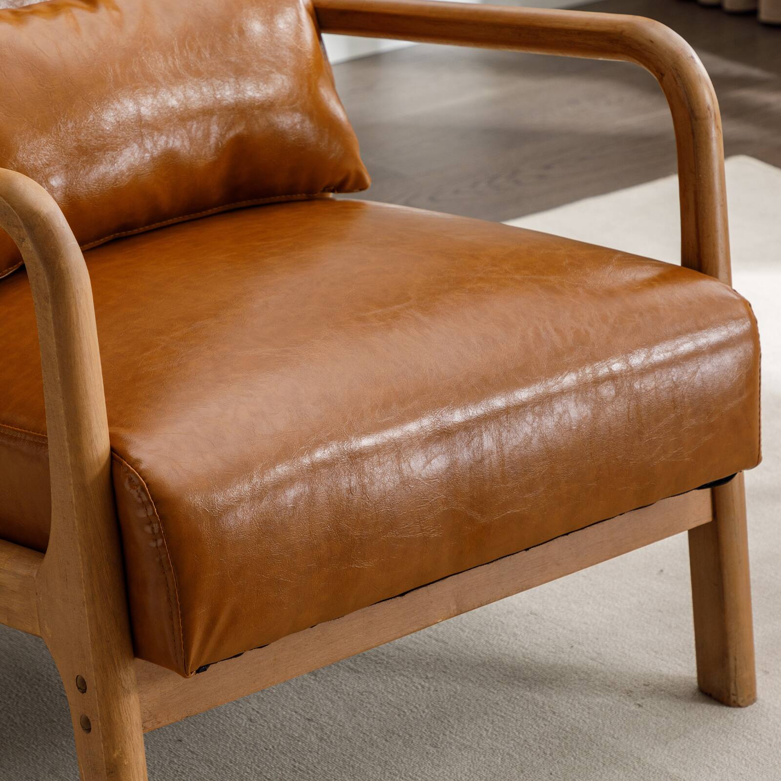 Left. Bestier - Mid-Century Upholstered Accent Chair with Wooden Frame and High Back, Pillow, and Waist Cushion - Brown.