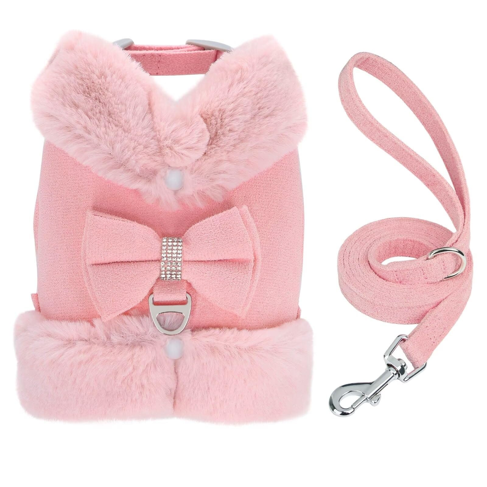 Paradigms Interiors - Dog Harness And Leash Set Winter Cute With Bow Tie Soft Padded Puppy Vest Removable Plush Collar For Xs Sized - Pink-S: Chest 15-18"