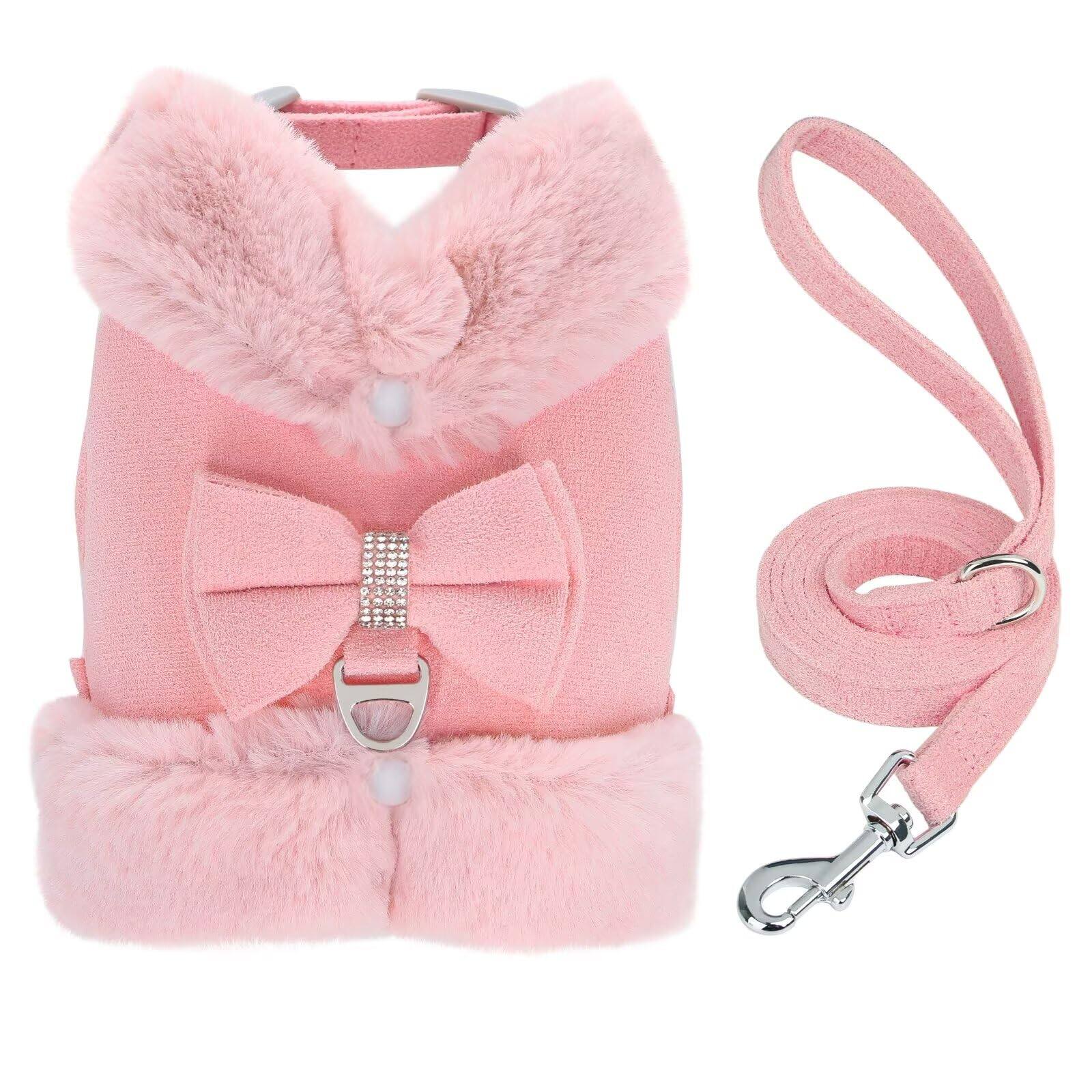 Paradigms Interiors - Dog Harness And Leash Set Winter Cute With Bow Tie Soft Padded Puppy Vest Removable Plush Collar For Xs Sized - Pink-S: Chest 15-18"