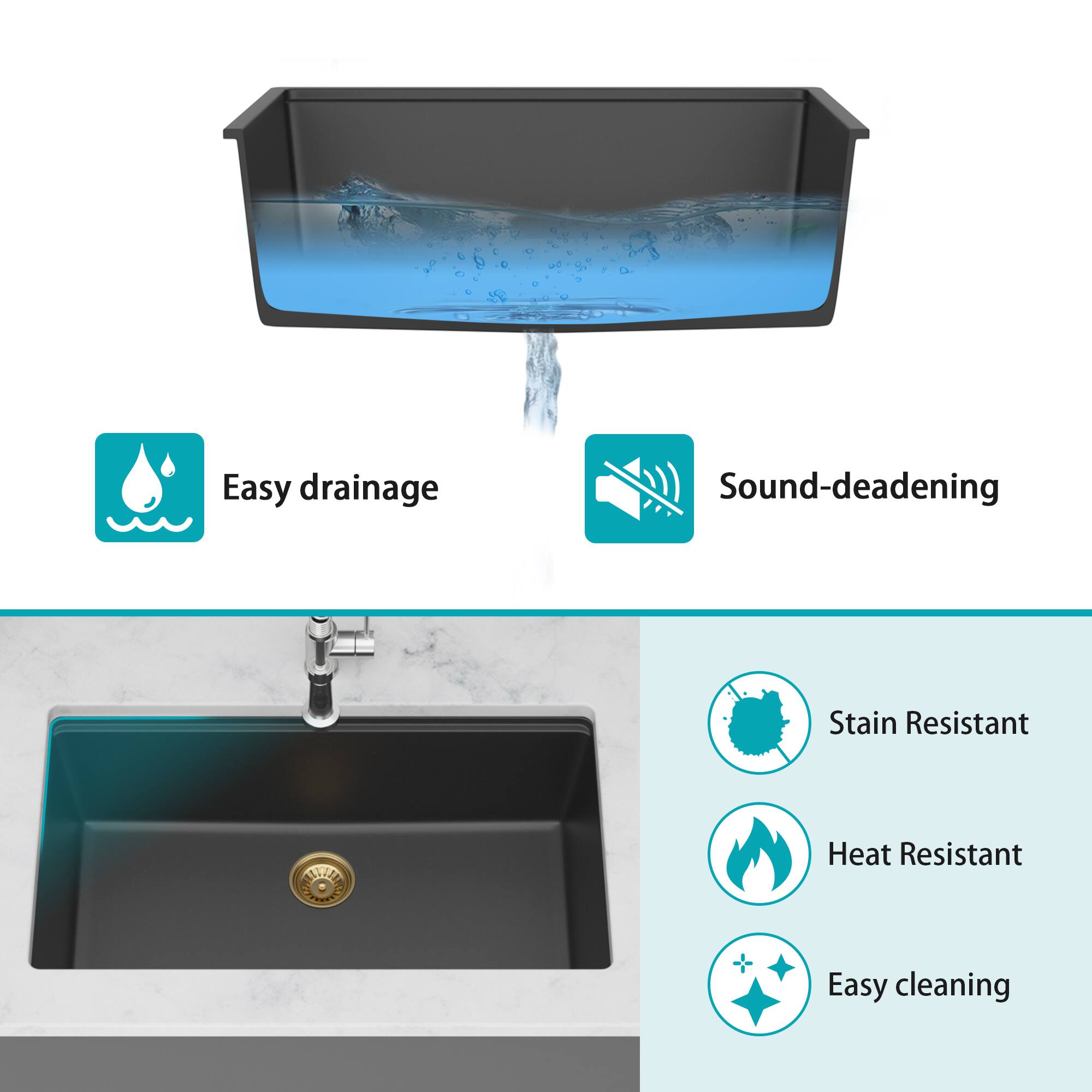 Easy drainage  
Sound-deadening  
Stain Resistant  
Heat Resistant  
Easy cleaning