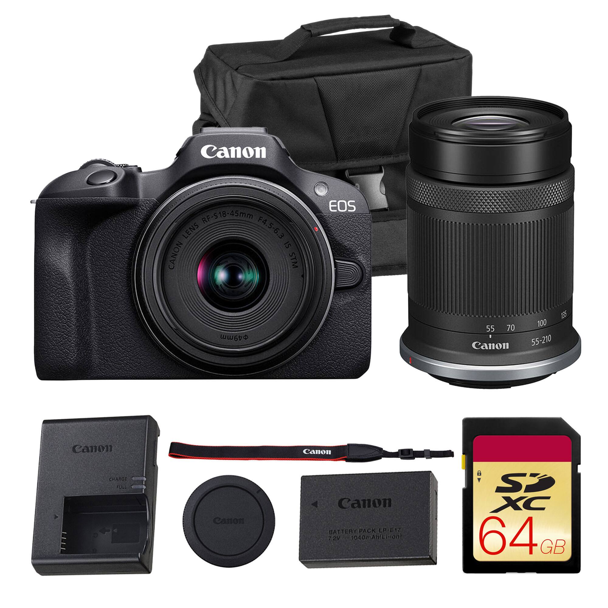 Canon RF-S 18-45mm Lens F4.5-6.3 IS STM  
Canon EOS 49mm  
Canon 55-210  
Canon Battery Pack LP-E17  
Canon 72V  
Canon 64 GB SDXC