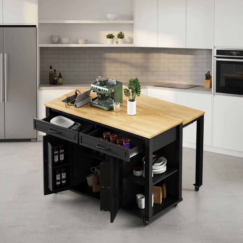 Left. Forest'nSky - 47 inch Rolling Kitchen Island with Storage, Rubber Wood Veneer Table, Power Outlet, Internal Rack,Black - Black.