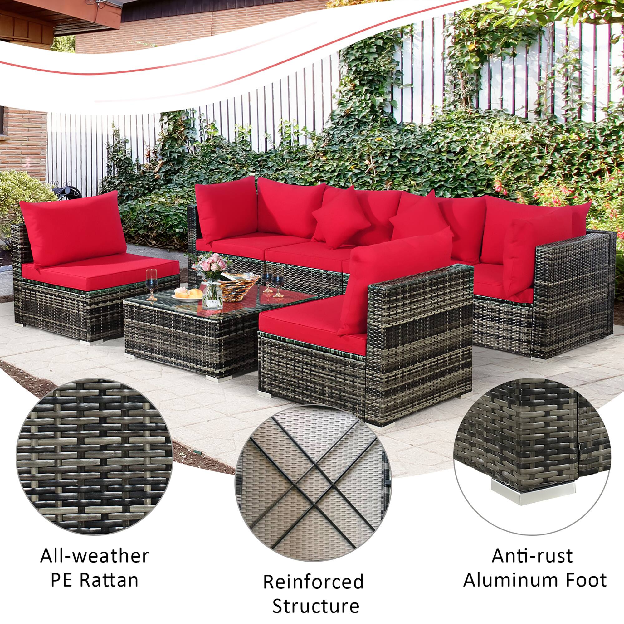 The text on the image reads: "All-weather PE Rattan Reinforced Structure Anti-rust Aluminum Foot."