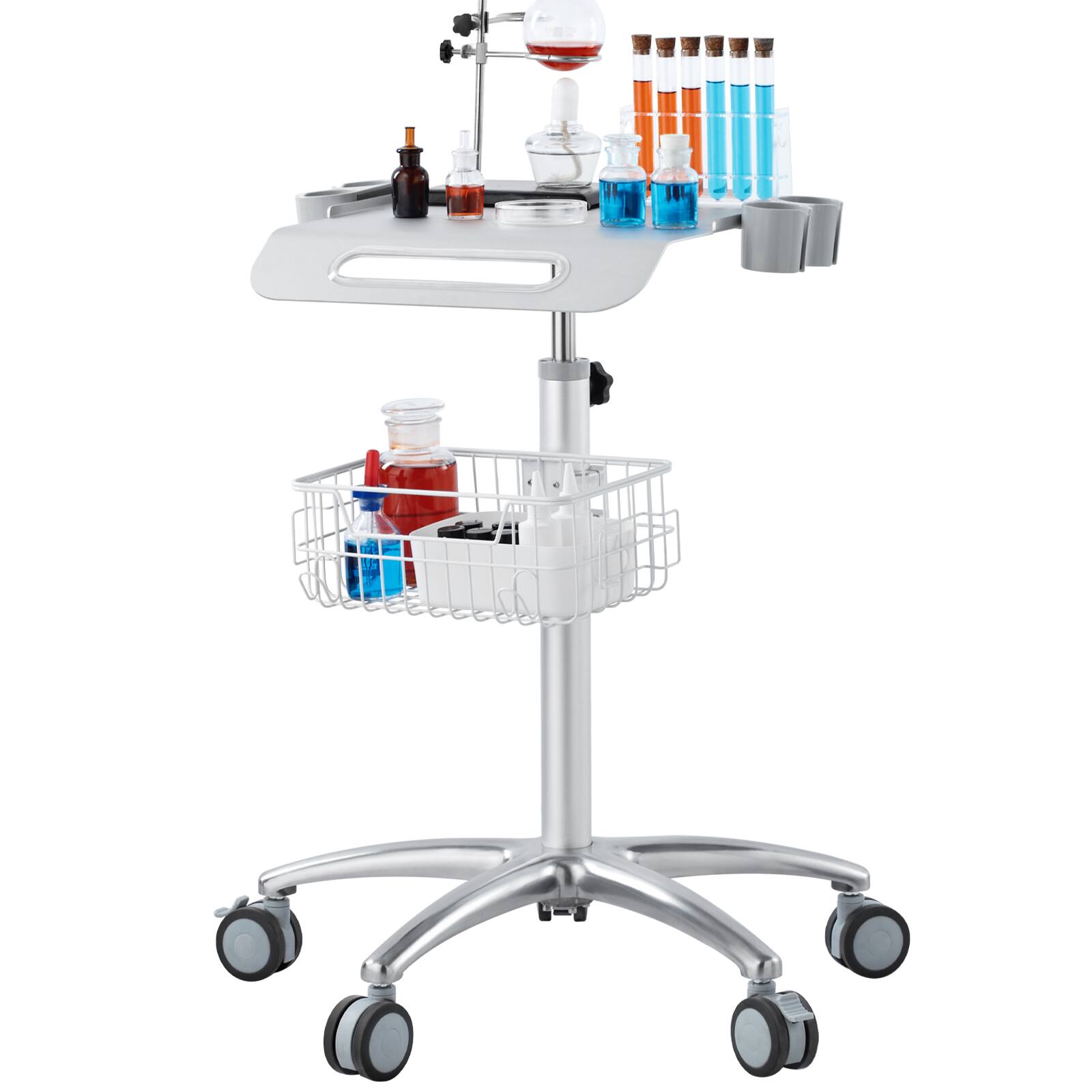 Alt View 5. VEVOR - Medical Cart, Salon Cart with Wheels, Mobile Trolley Cart 26.77"-42.91" Height Adjustable, Metal Salon Stations - Silver.