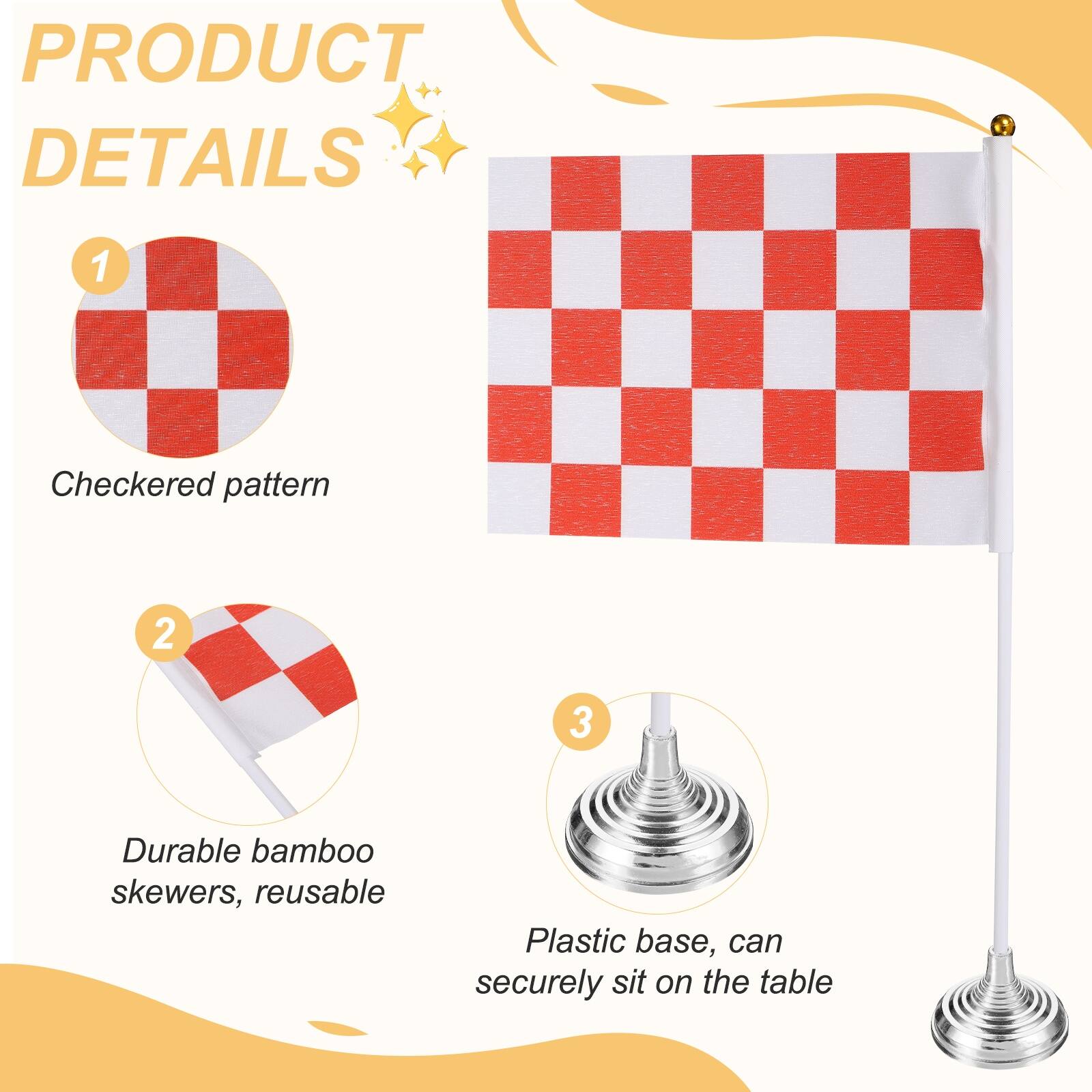 PRODUCT DETAILS

1. Checkered pattern

2. Durable bamboo skewers, reusable

3. Plastic base, can securely sit on the table