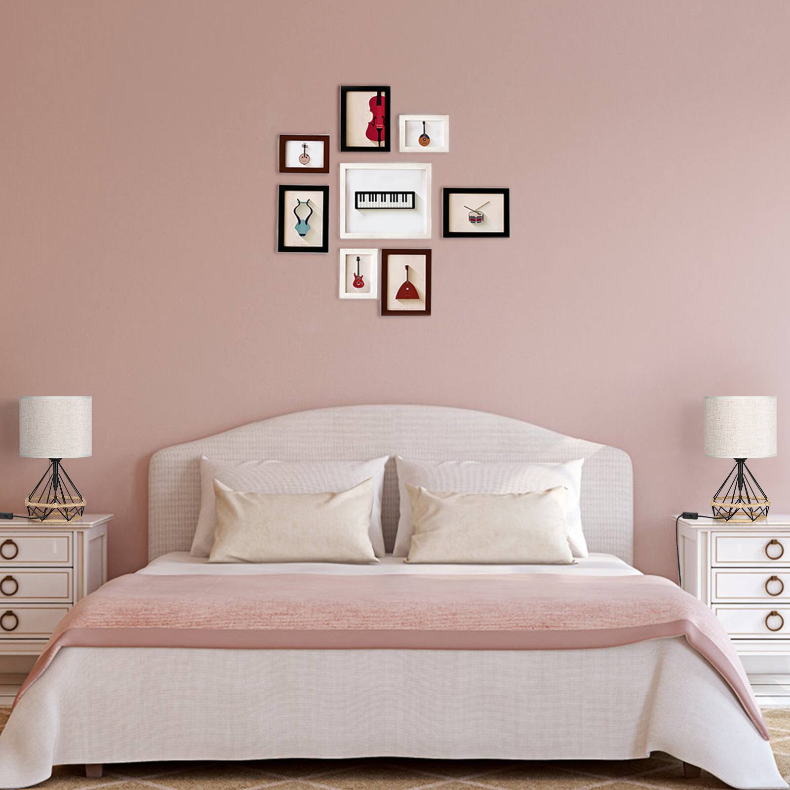 Angle. Oumilen - 15In Black Metal Frame Table Lamp with Jute Rope Accent Linen Shade Modern Geometric Bedside Lamp.