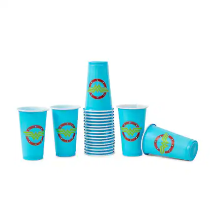 Front. DC Universe - DC Comics Wonder Woman Logo 18-Ounce Disposable Plastic Mini Cups | Set of 20 - Blue.
