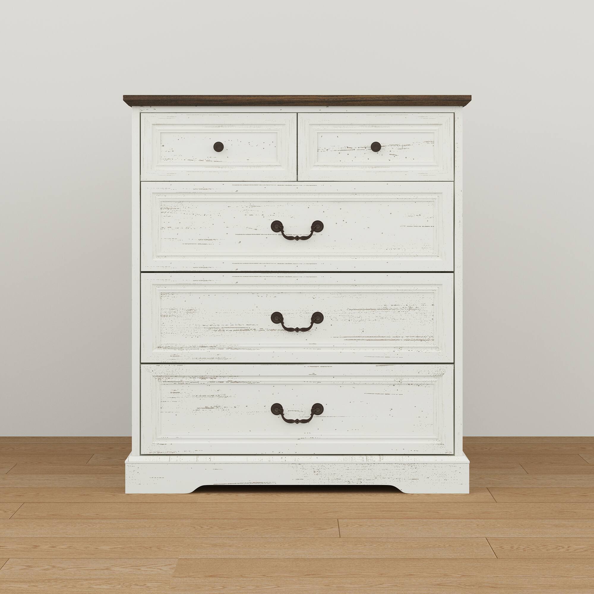 Alt View 9. FUFU & GAGA - Vintage 5-Drawer Dresser Chest - Distressed Finish Bedroom Storage Organizer with Bronze Hardware for Clothes, Linens - Distressed white.