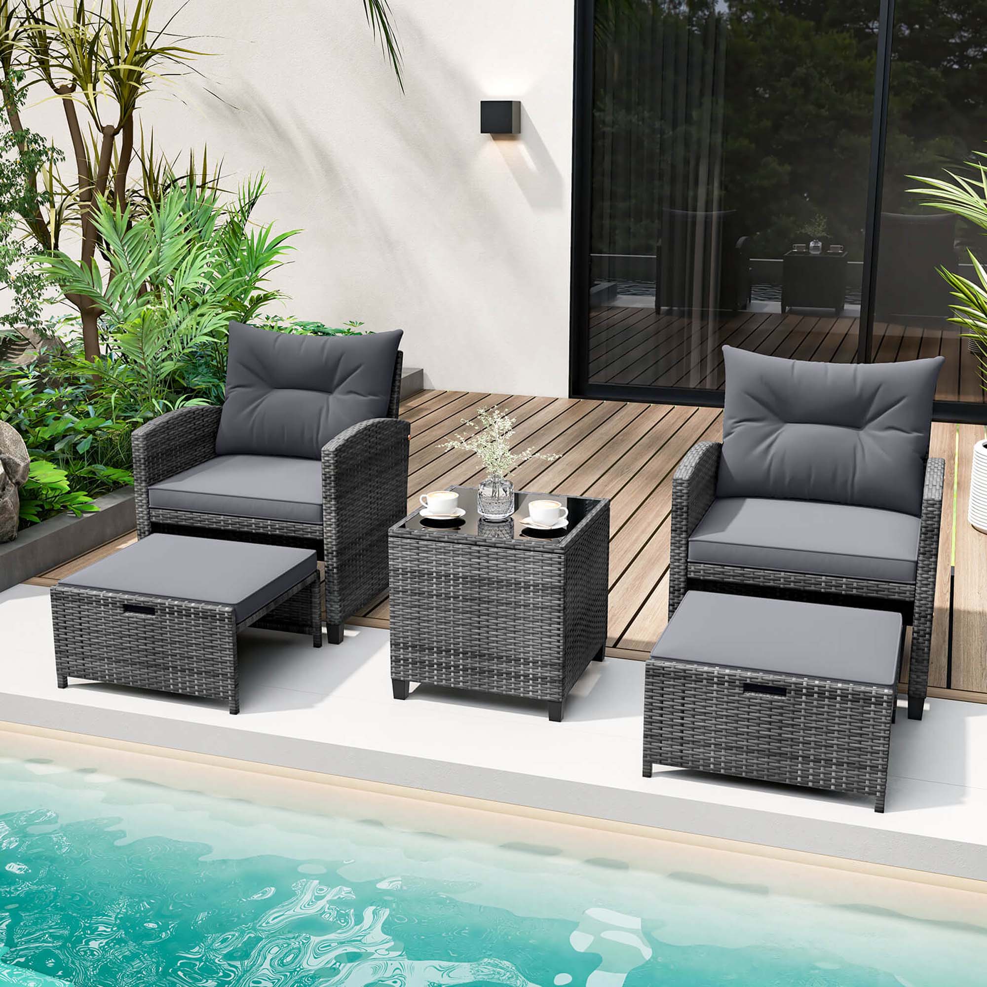 Alt View 1. Costway - 5 Piece Patio Rattan Furniture with 2 Ottomans & Tempered Glass Coffee Table - Grey + Mix Grey.