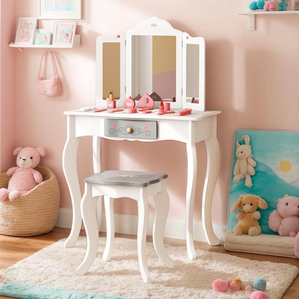 Kadyn - Kids Vanity Set with Tri-folding Mirror- Kids Makeup Vanity for Girls Kids - White