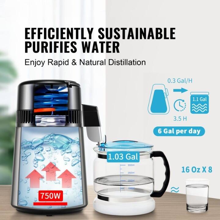 EFFICIENTLY SUSTAINABLE  
PURIFIES WATER

Enjoy Rapid & Natural Distillation

0.3 Gal/H  
3.5 H  
6 Gal per day

1.1 Gal  
1.03 Gal  
16 Oz X 8

750W
