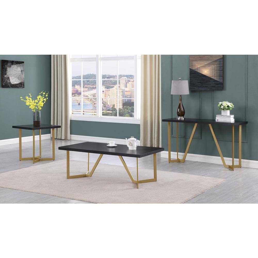 Alt View 4. Best Quality Furniture - 3pc Black wood top coffee table set w/gold color iron base (1Coffee+1End+1console table) - Black.