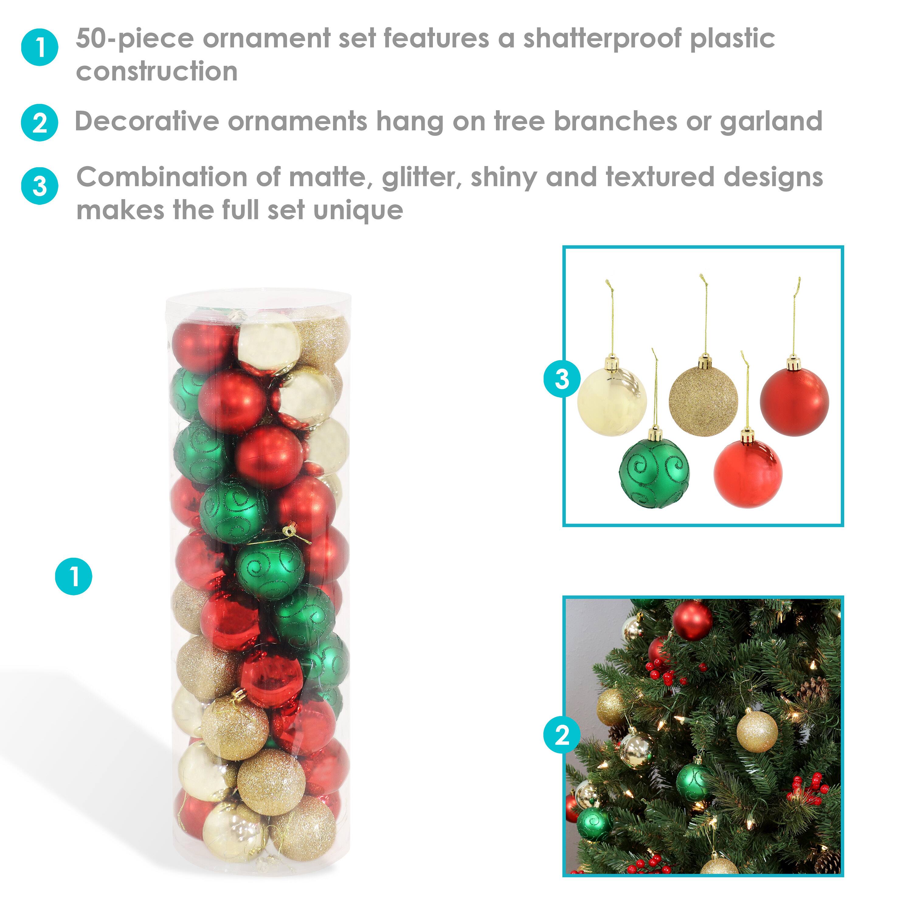 1. 50-piece ornament set features a shatterproof plastic construction  
2. Decorative ornaments hang on tree branches or garland  
3. Combination of matte, glitter, shiny, and textured designs makes the full set unique
