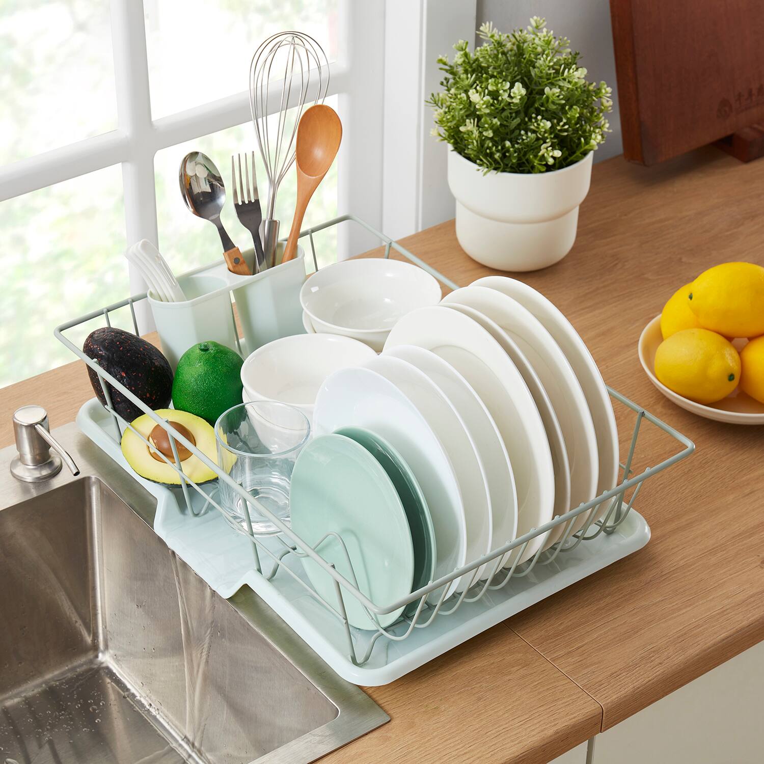Back. Sweet Home Collection - Steel 3-Piece Large Countertop Dish Drainer with Drain Board & Utensil Holder - Mint.
