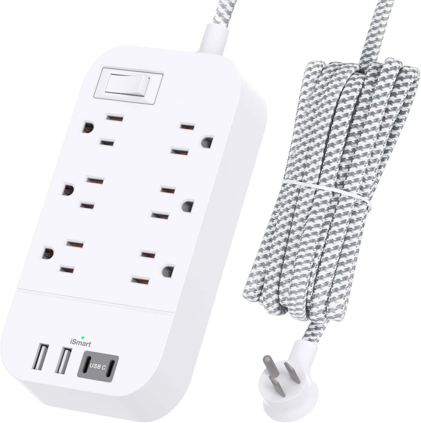 FINEAK - Power Strip 10 FT Long Flat Plug Extension Cord - White