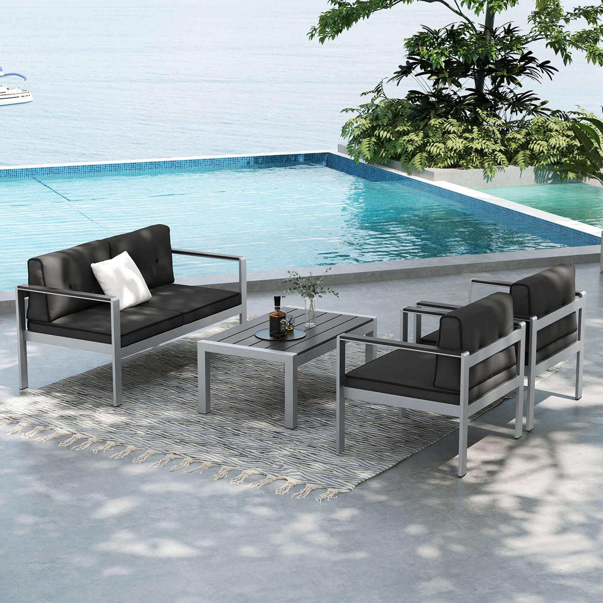 Alt View 4. Costway - Costway Patio Aluminum Loveseat Sofa Outdoor Chair with WPC Armrests & Cushions Backyard - Gray/Silver.