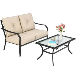 Kadyn - 2 Pieces Patio Outdoor Cushioned Sofa Bench, Small Patio Conversation Furniture Set with Coffee Table - Beige