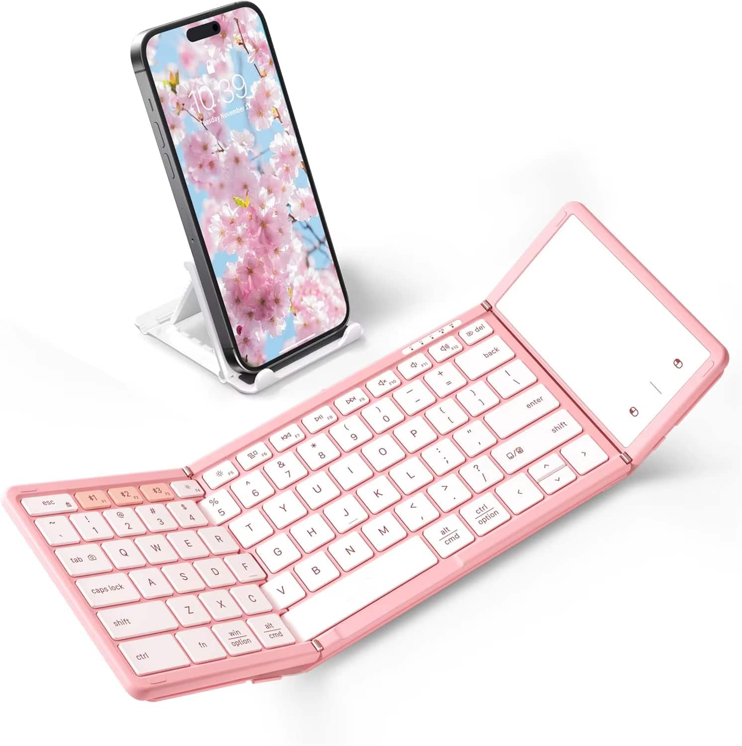 Luckbyte - Full-Size Foldable Bluetooth 5.1 Keyboard with Touchpad, Connect Up to 3 Devices, Wireless Travel Keyboard - Pink