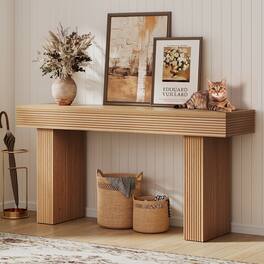 Bestier - 63 Inch Fluted Console Table, Rustic Wood Entryway Sofa Table - Brown Oak